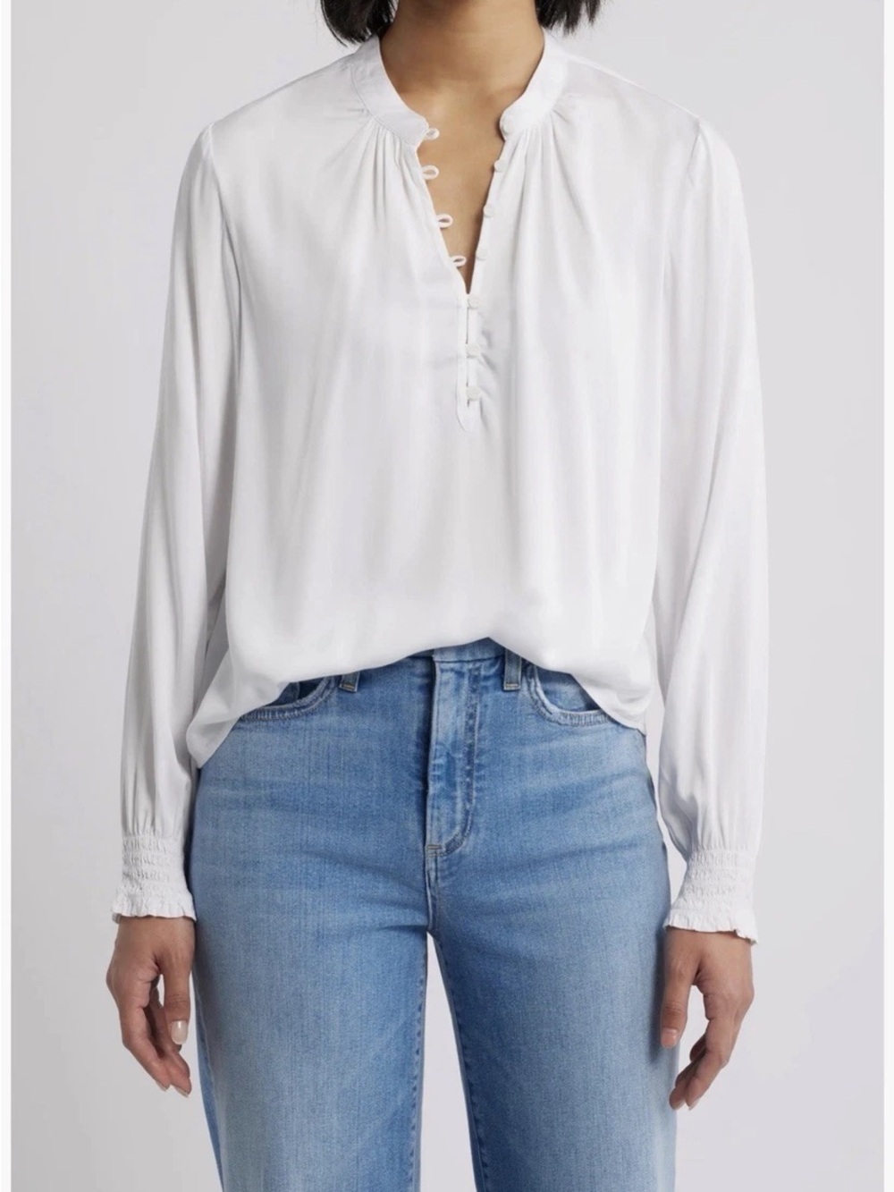Cloth & Stone S Split Neck Blouse Smocked Cuffs Feminine Minimalist Preppy
